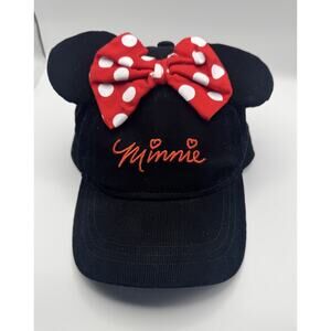Disney Minnie Mouse Girls Black Corduroy Adjustable Hat Ears Bow Embroidered